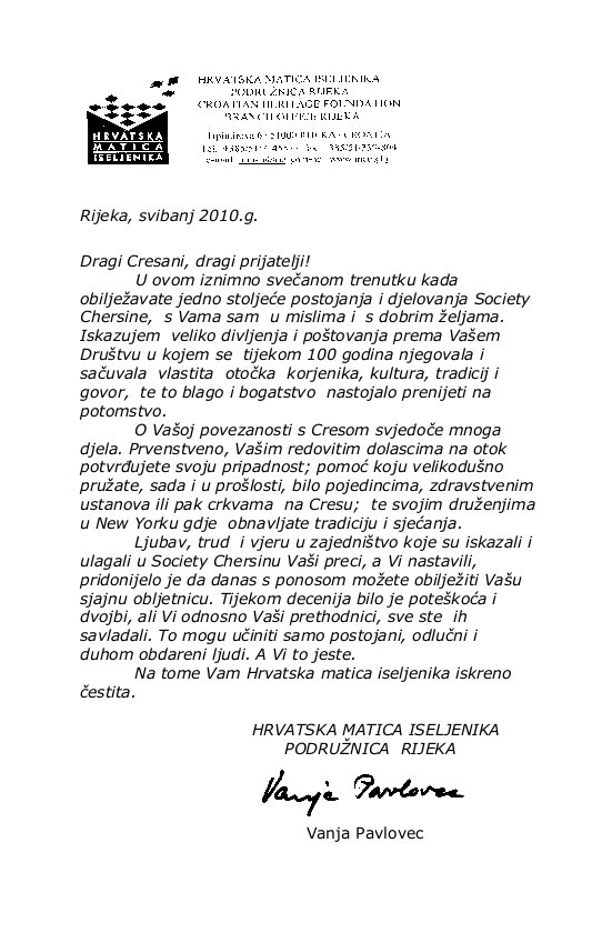 Letter from Hrvatska Matica Iseljenika